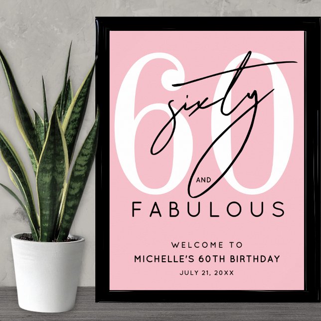Poster Panneau de bienvenue pour les 60 ans rose (Pink 60th Birthday Welcome Sign)