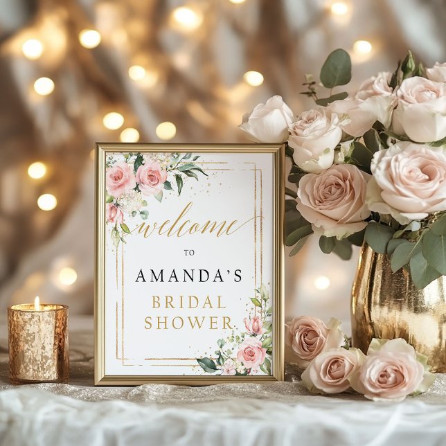Poster Panneau de bienvenue pour une baby shower bohème r (Boho blush pink floral bridal shower welcome sign)