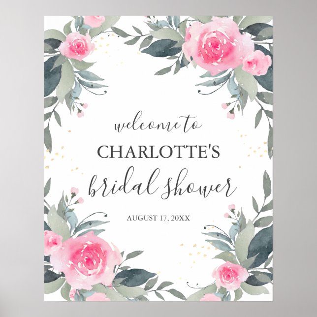Poster Panneau de bienvenue pour une baby shower rose flo (Devant)