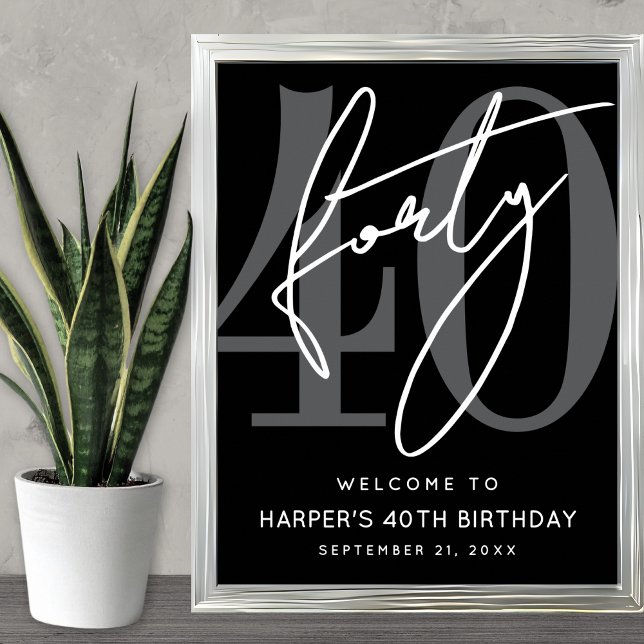 Poster Panneau de bienvenue pour une fête d'anniversaire  (Modern Black 40th Birthday Party Welcome Sign)