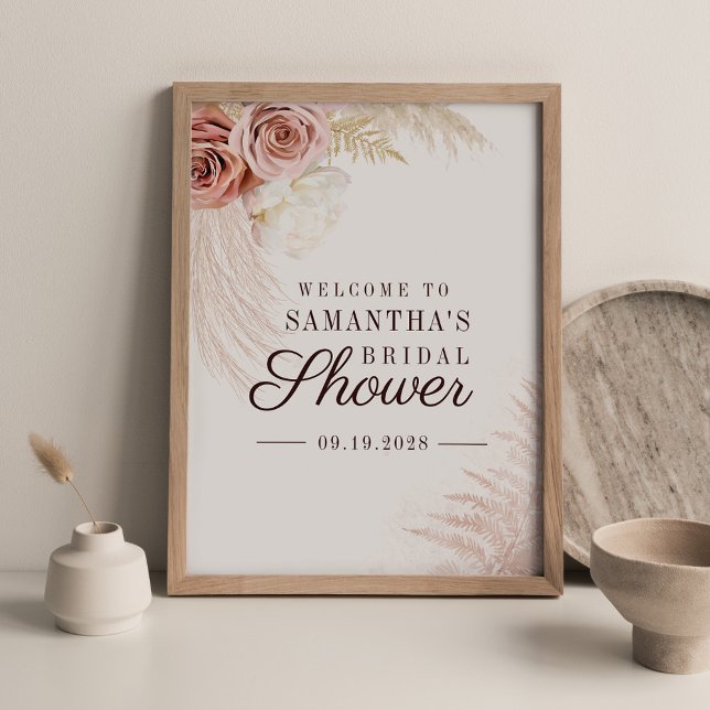 Poster Panneau de bienvenue pour une fête de mariage en t (Pampas Grass Script Bridal Shower Sign Poster)