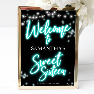 Poster Panneau de bienvenue Sweet 16 Birthday Teal Neon G