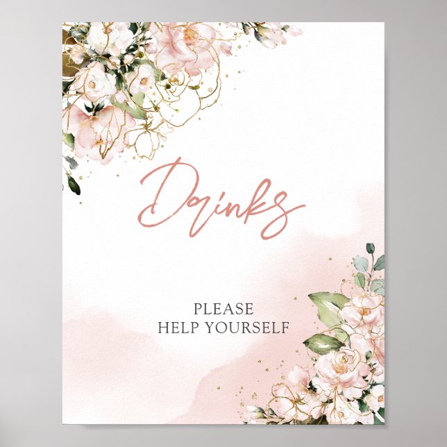 Poster Panneau de boissons bohème rose poudré et or flora (Devant)