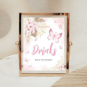Poster Panneau de boissons pour Baby Shower Papillon Rose