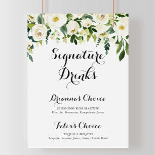 Poster Panneau de boissons signature floral automne blanc
