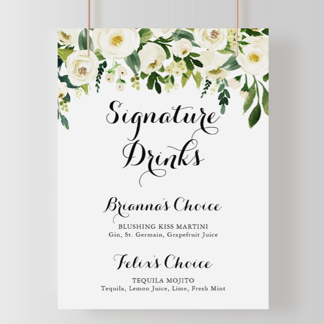 Poster Panneau de boissons signature Floral automne blanc (Créateur téléchargé)