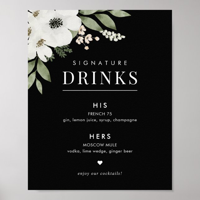 Poster Panneau de boissons signatures de mariage botaniqu (Devant)