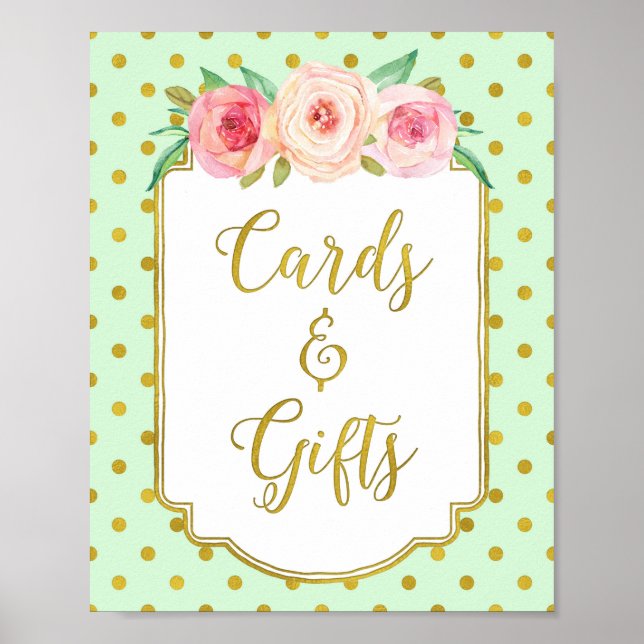 Poster Panneau de cartes et cadeaux Mint Gold Dots (Devant)