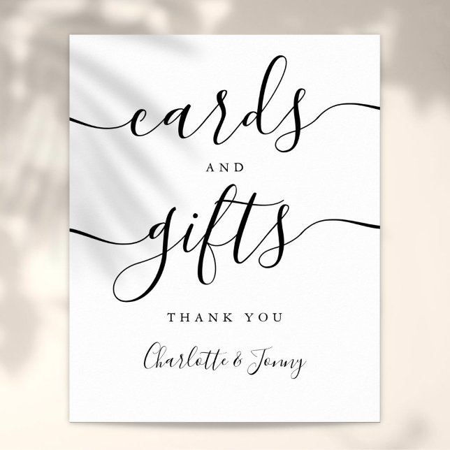 Poster Panneau de cartes et de cadeaux en script noir et  (Black And White Script Cards And Gifts Sign)