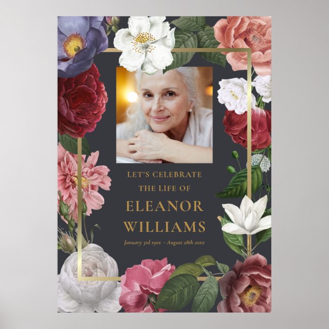 Poster Panneau de célébration de vie florale de roses ave (Devant)