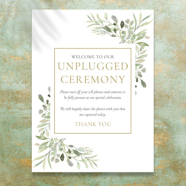 Poster Panneau de cérémonie de débranchement de verdure a (Watercolor Greenery Unplugged Ceremony Sign)