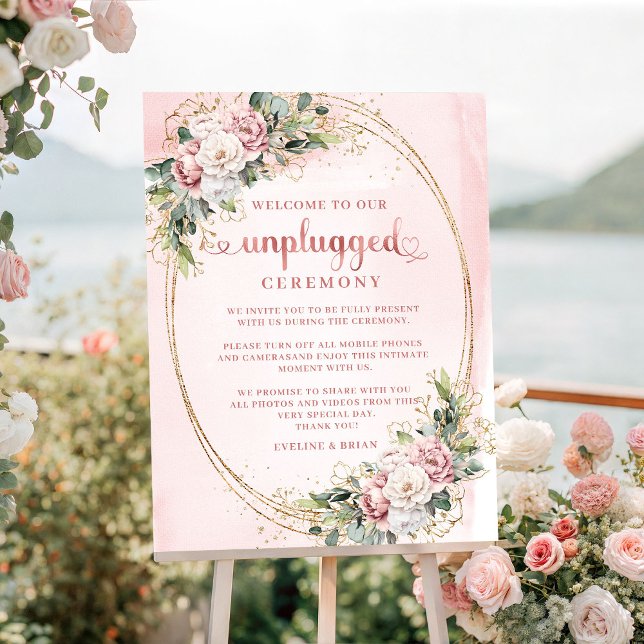 Poster Panneau de cérémonie sans téléphone Bohemian Flora (Bohemian Floral Greenery Rose Gold Unplugged Poster)