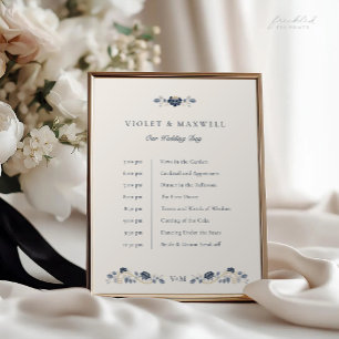 Poster Panneau de Chronologie de Mariage Fleurie Bleu Mar