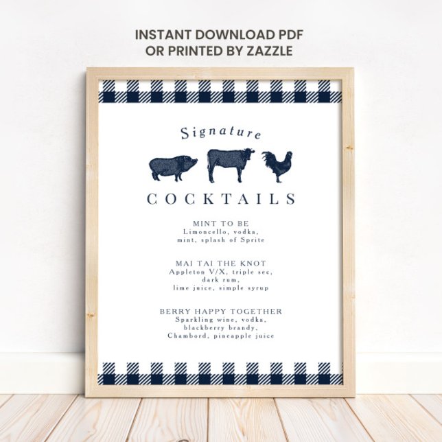 Poster Panneau de Cocktail Mariage Rustique bleu Plaid (Créateur téléchargé)