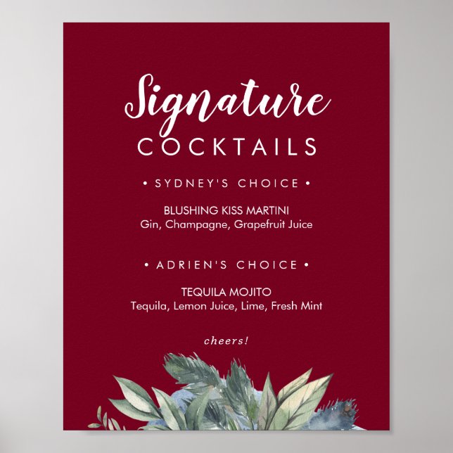 Poster Panneau de cocktails signature Burgundy Greenery h (Devant)