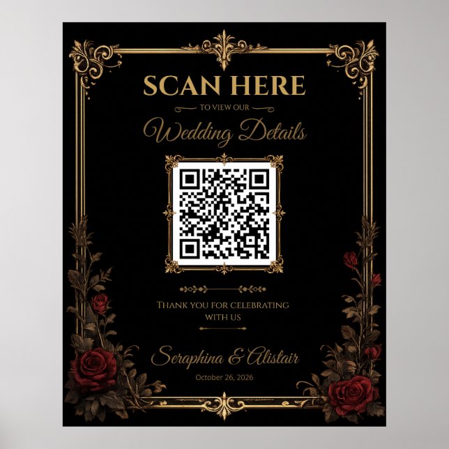 Poster Panneau de code QR de mariage gothique élégant et  (Devant)