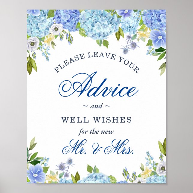 Poster Panneau de conseil Blue Hydrangea et puits (Devant)