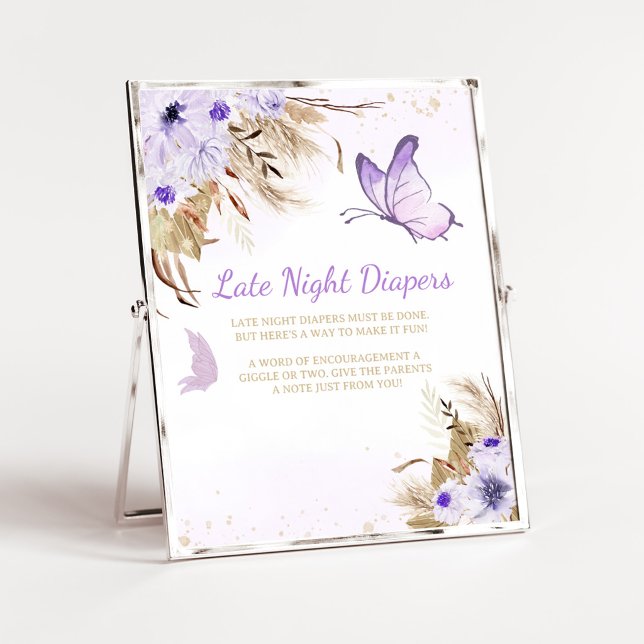 Poster Panneau de Couches de Nuit de Fête de Bébé Papillo (Purple Butterfly Baby Shower Late Night Diapers Sign)