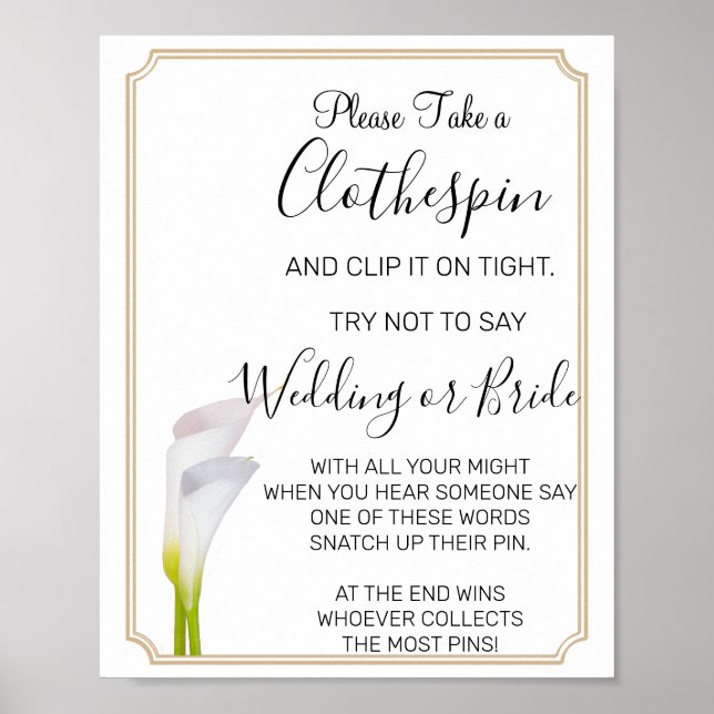 Poster Panneau de douche nuptiale Calla Lilies Clothespin (Devant)