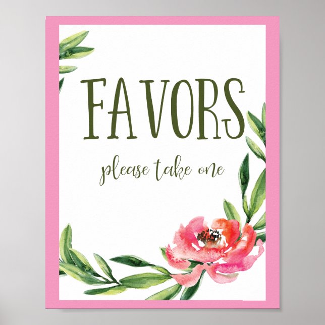 Poster Panneau de faveur floral aquarelle rose et vert (Devant)