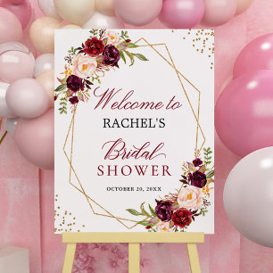 Poster Panneau de Fête de Mariage à Cadre Doré et Fleurs 