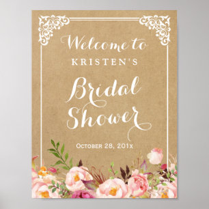 Poster Panneau de Fête de Mariage Aspect Kraft Floral R