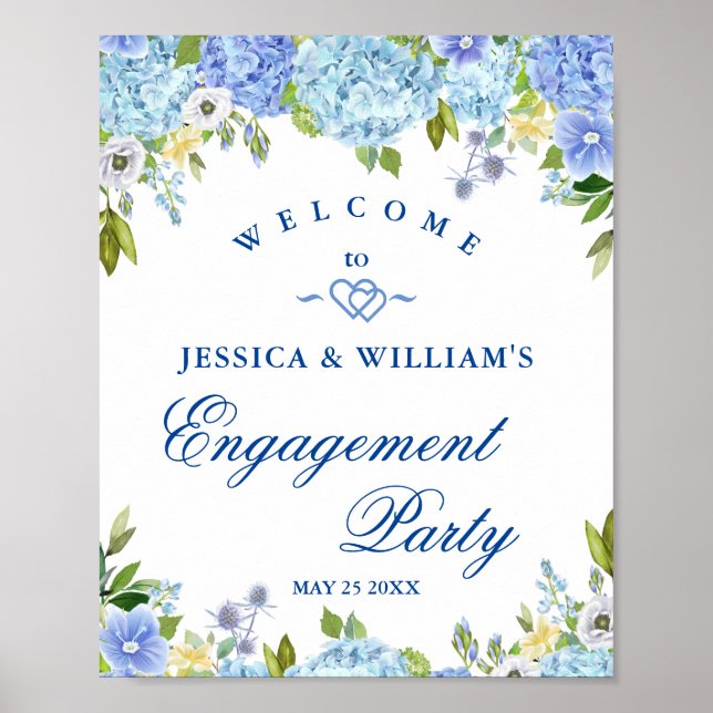 Poster Panneau de fête d'engagement floral Hydrangea Bleu (Devant)