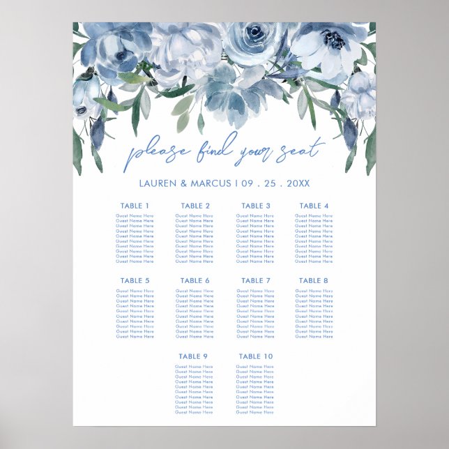 Poster Panneau de Fête des mariées florale bleu poussiére (Devant)