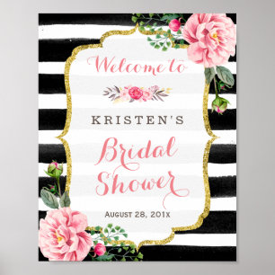 Poster Panneau de Fête des mariées Rose Floral Noir Blanc