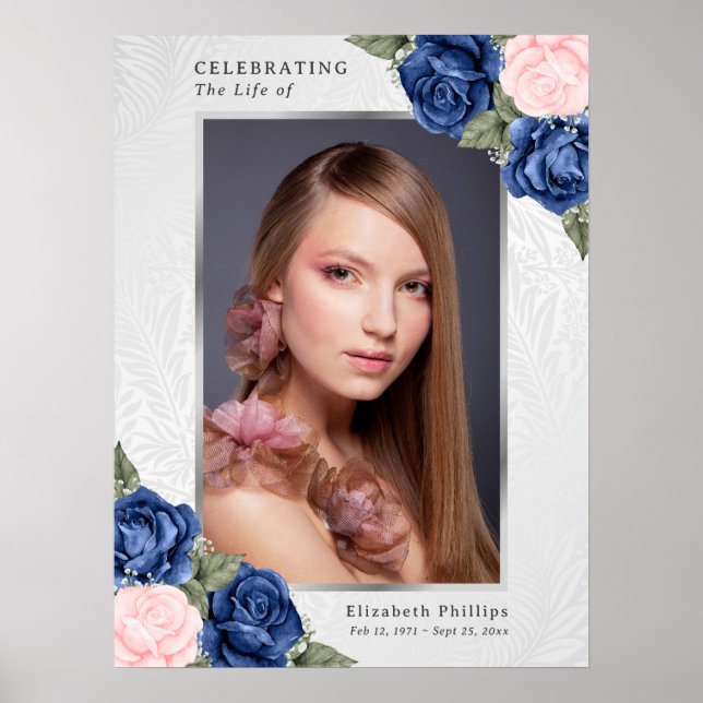 Poster Panneau de funérailles photo floral rose bleu aqua (Devant)