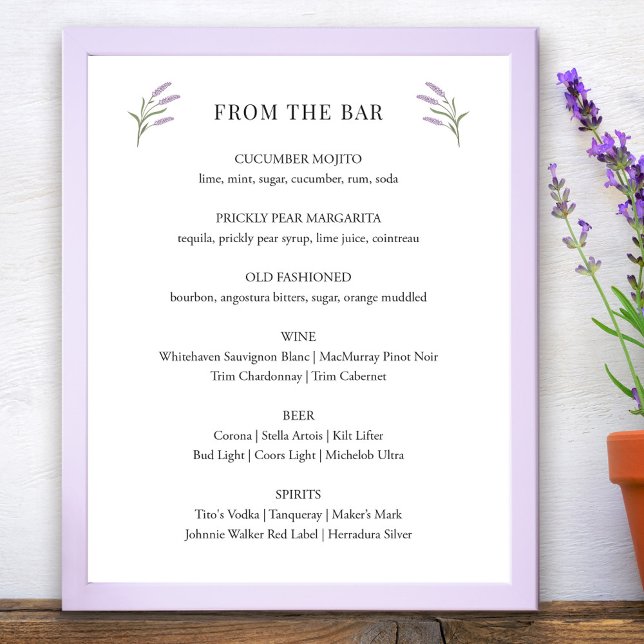 Poster Panneau de la barre de Mariage florale Lavender (Lavender Floral Wedding Bar Sign by Fiesta Valley Print)