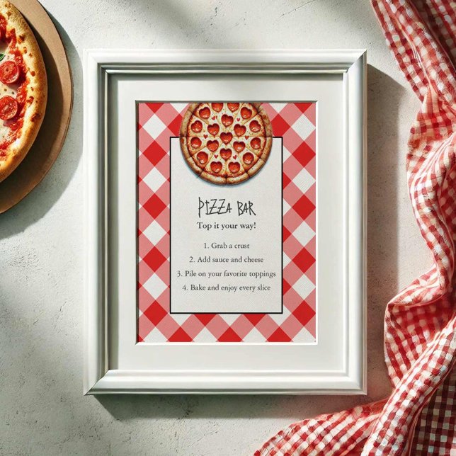Poster Panneau de la barre de pizza (Pizza bar sign red gingham and pepperoni pizza by Do Tell A Belle.)
