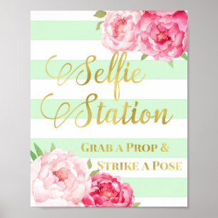 Poster Panneau de la Station Selfie Fleurs Roses Or Mint