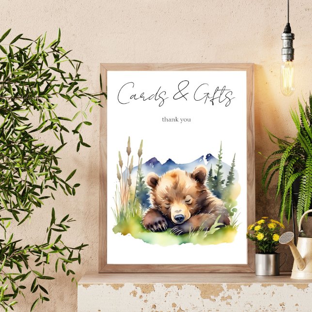 Poster Panneau de la table baby shower de l'ours d'attent (Bearly wait bear baby shower table sign cards and gifts cute baby bear cub table sign)