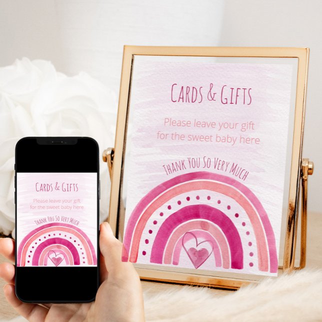 Poster Panneau de la table cadeau Baby shower rose arc-en (Pink Rainbow girl baby shower cards and gifts sign)
