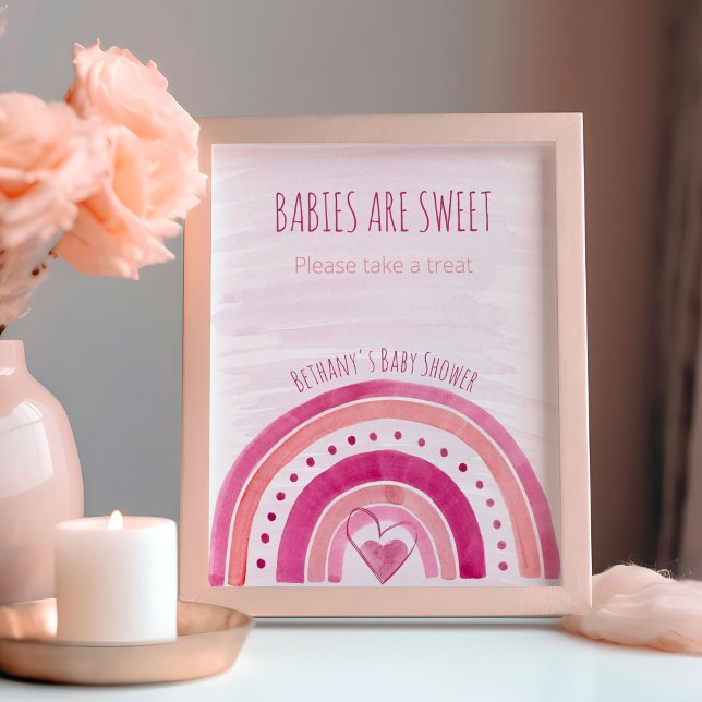 Poster Panneau de la table de préférence Baby shower rose (Rainbow baby shower favor table sign - babies are sweet, please take a treat - fully editable)