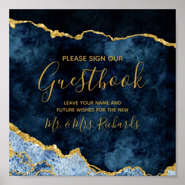 Poster Panneau de la table Mariage Marine Blue Gold Foil (Devant)