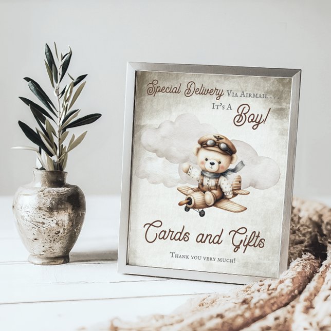 Poster Panneau de l'avion Teddy Bear Douche Cartes et Cad ("Special Delivery Via Airmail  It's A Boy!" Teddy Bear Airplane Baby Shower Cards and Gifts Sign)