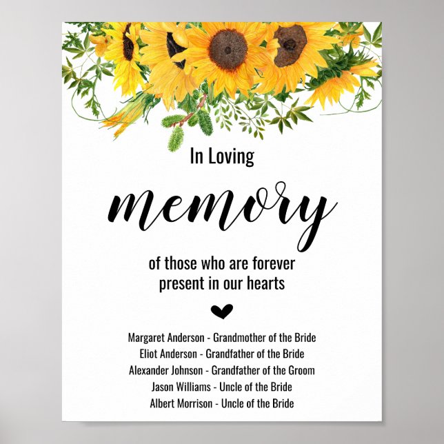 Poster Panneau de mariage aux tournesols en souvenir (Devant)