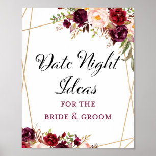 Poster Panneau de mariage bohème floral bordeaux 8x10" po