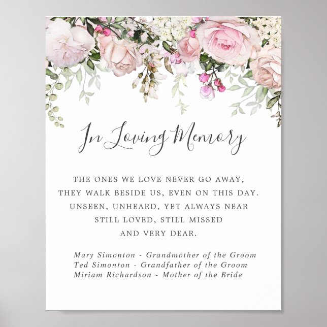 Poster Panneau de mariage commémoratif floral blanc rose (Devant)