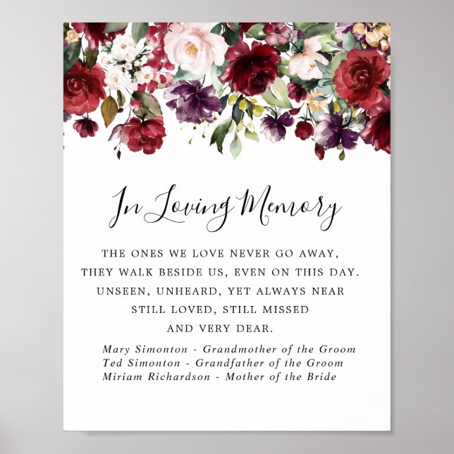 Poster Panneau de mariage commémoratif floral rose rouge (Devant)