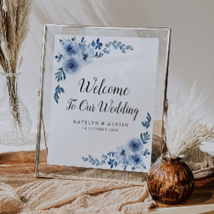 Poster Panneau de mariage d'accueil fleuri bleu foncé