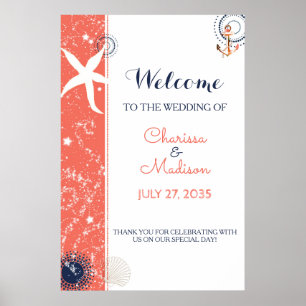 Poster Panneau de mariage de plage corail et bleu marine