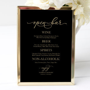 Poster Panneau de mariage élégant or noir Bar ouvert