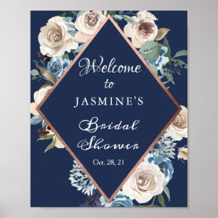 Poster Panneau de Mariage Fleurie Or Rose Bleu Marine