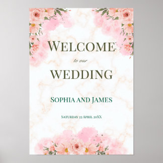 Poster Panneau de mariage Fleurs roses romantiques
