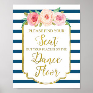 Poster Panneau de mariage floral aquarelle rose or marine