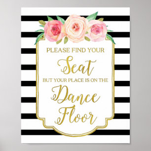 Poster Panneau de mariage floral aquarelle rose Or noir