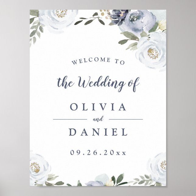 Poster Panneau de mariage floral bleu foncé botanique (Devant)